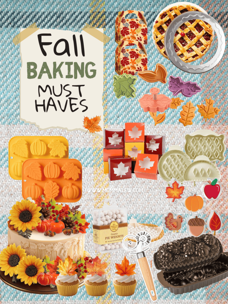 Collage with fall-themed baking items: cake with sunflowers, leaf-shaped cutters, pie molds, autumn cupcake toppers, pie lattice, pumpkin molds, baking utensils, and Kitchen Favorites & Fall Baking Must Haves text on a textured background.
