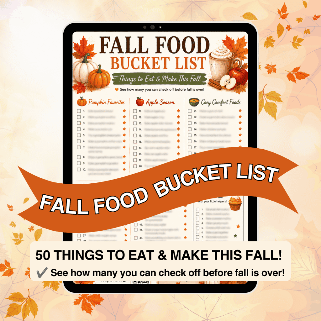 An illustrated fall food bucket list on a tablet screen, decorated with pumpkins, leaves, and a banner. The list features categories like pumpkin, apple, and comfort foods. Text highlights 50 things to eat & make this fall!.
