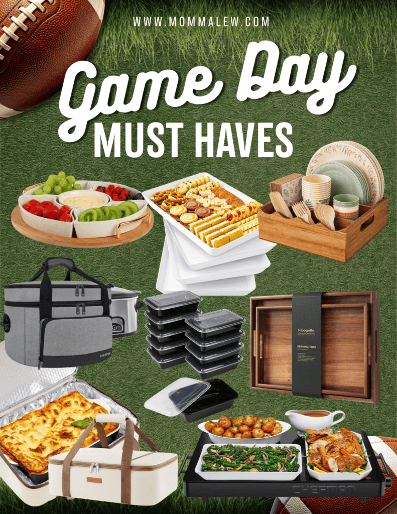 Collage of game day essentials: veggie tray, cheese platter, disposable plates, cooler, food storage containers, wooden box, insulated carrier with lasagna, and trays of appetizers on grass. Text: Game Day Must Haves featuring Kitchen Favorites.