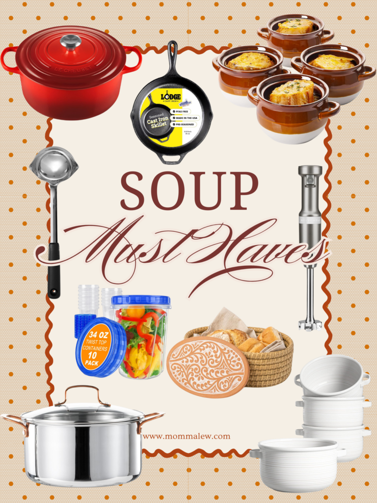 A collage of soup essentials: Dutch oven, cast iron skillet, soup bowls, ladle, immersion blender, storage containers, bread basket, stock pot, and ramekins. The background has polka dots and reads Soup Must Haves—a charming celebration of kitchen favorites for every home chef.