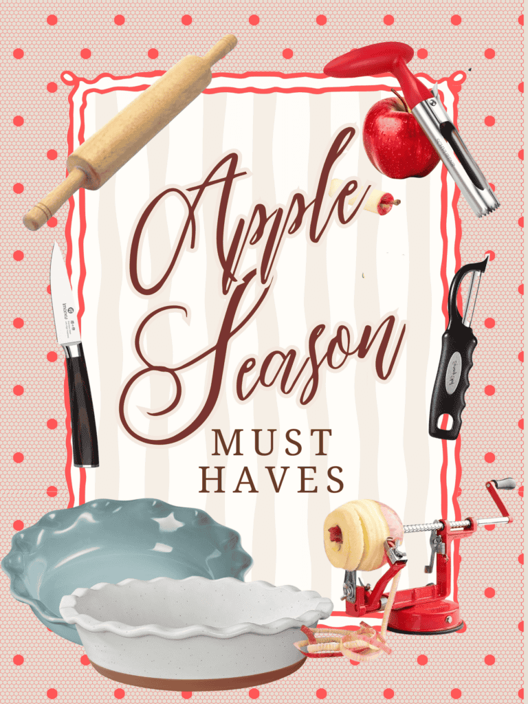 Apple Season Must Haves: Kitchen Favorites like a rolling pin, pie dishes, peeler, paring knife, corer, peeler-slicer, and apples arranged on a polka dot background with decorative lettering.