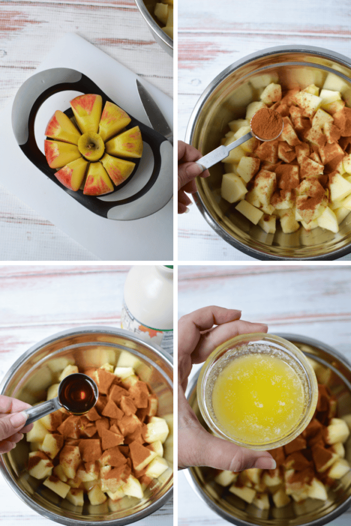 Four images: sliced apples being cored, diced apples in a bowl with cinnamon for delicious Baked Cinnamon Apples, vanilla being poured onto the apples, and a hand holding a small bowl of melted butter above the apple mixture.