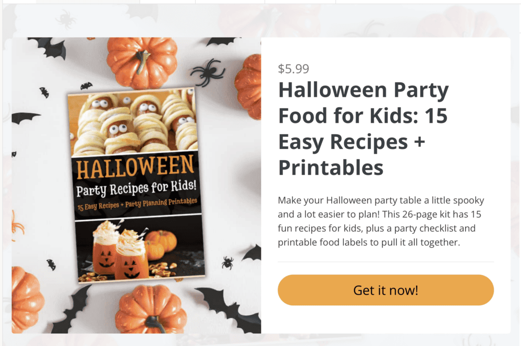A Halloween recipe book for kids is featured with snacks decorated as monsters and ghosts. Surrounded by pumpkins and spiders, the book promises 15 easy halloween recipes, a party checklist, and printables for $5.99.