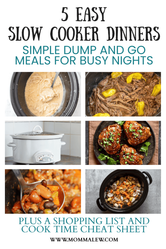 A collage of easy slow cooker dinners featuring shredded beef, stuffed peppers, chili, and a white stew, with text promoting simple slow cooker meals and a free shopping list at mommalew.com.