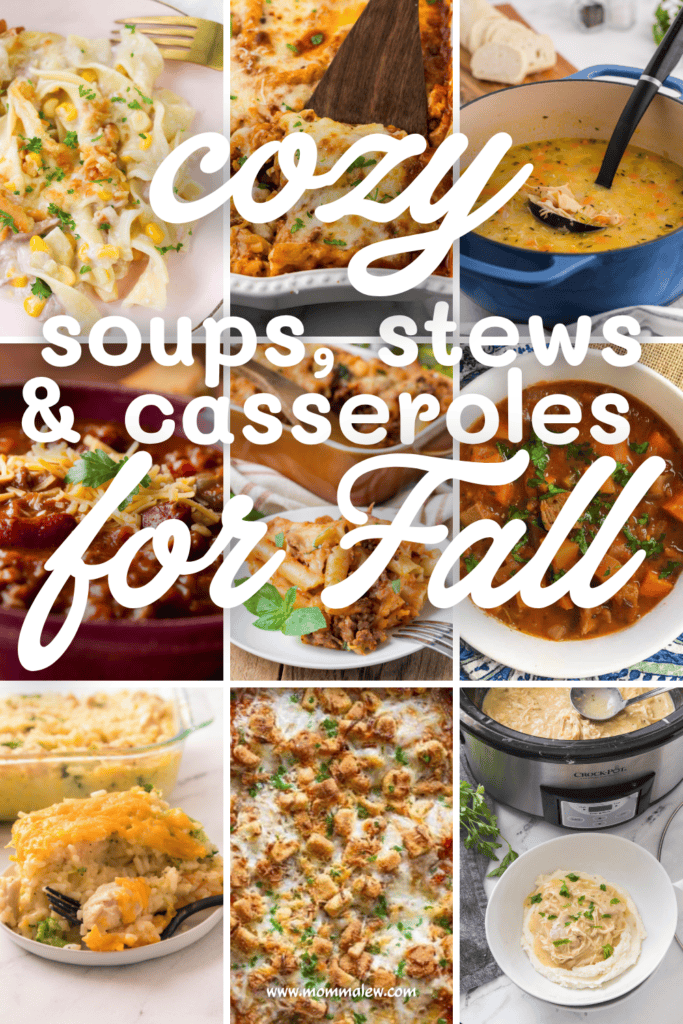 Collage of soups, stews, and casseroles in bowls and dishes, with text overlay reading cozy soups, stews & casseroles for Fall in white cursive and bold fonts—perfect inspiration for easy Fall dinner ideas.