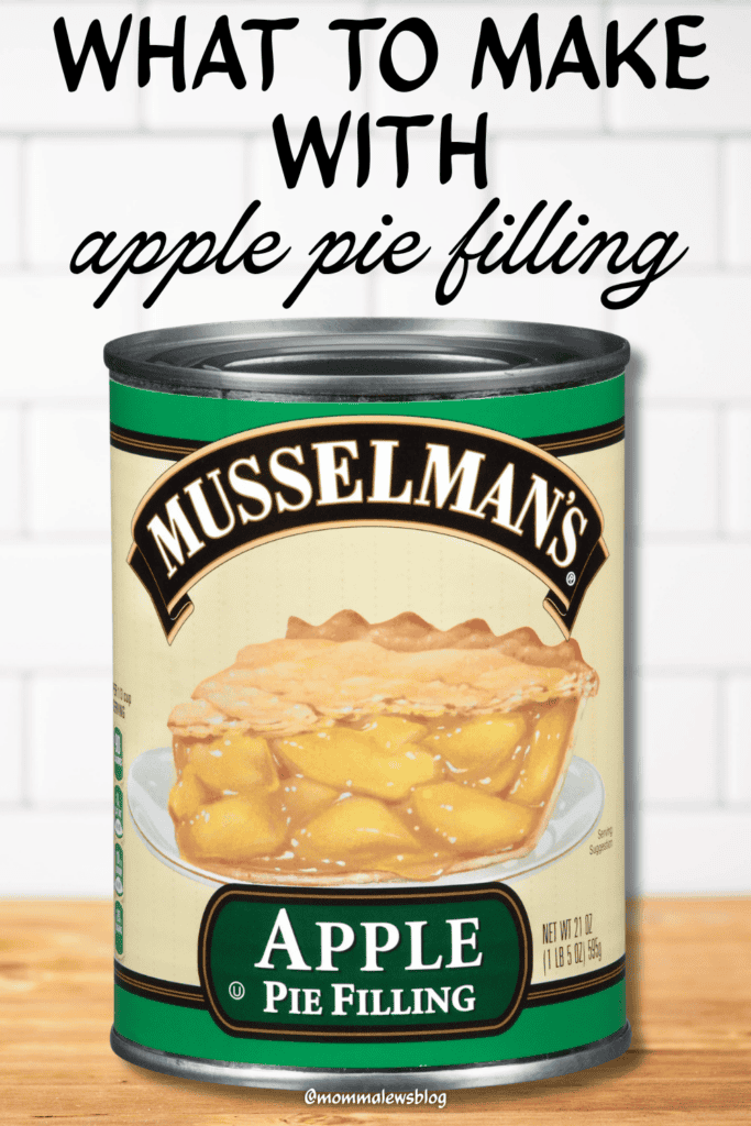 A can of Musselmans Apple Pie Filling sits on a counter. Text above reads, What to make with apple pie filling. The background features a white tiled wall, setting the perfect scene for creating delicious Apple Pie Filling Desserts.