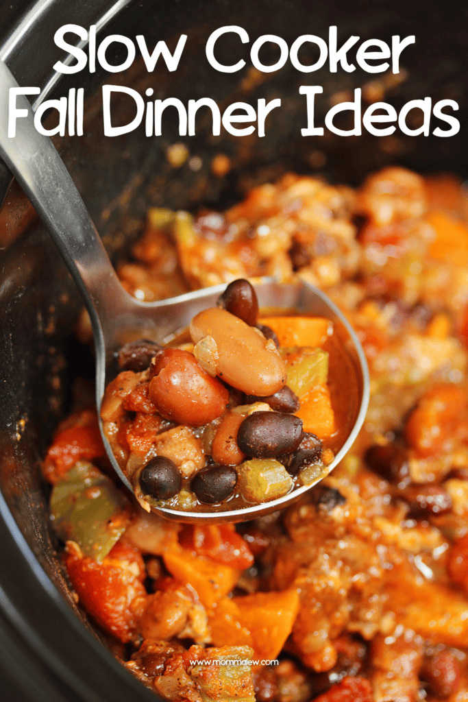 A close-up of a spoonful of chili with beans, vegetables, and meat inside a slow cooker, with the text Easy Fall Dinner Ideas above.