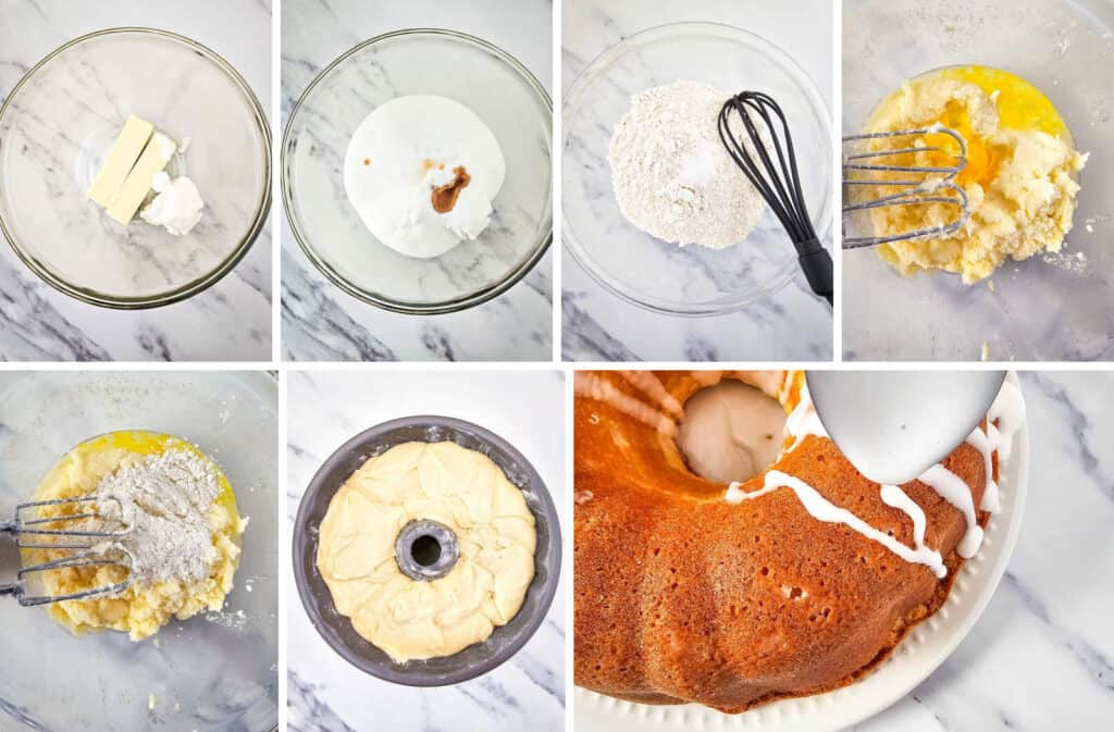 A step-by-step collage shows making a 7 Up Cake Recipe: mixing butter, sugar, flour, eggs, and lemon-lime soda, pouring batter into a Bundt mold, baking, and drizzling white icing over the finished cake.