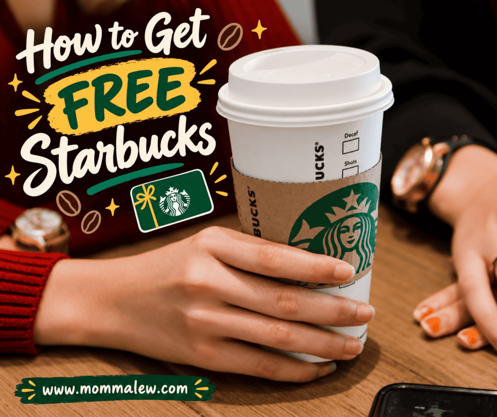 A person holds a Starbucks cup at a table. Text reads, How to Get FREE Starbucks. A Starbucks gift card and website URL www.mommale.w.com are also shown, highlighting tips for scoring free Starbucks treats.