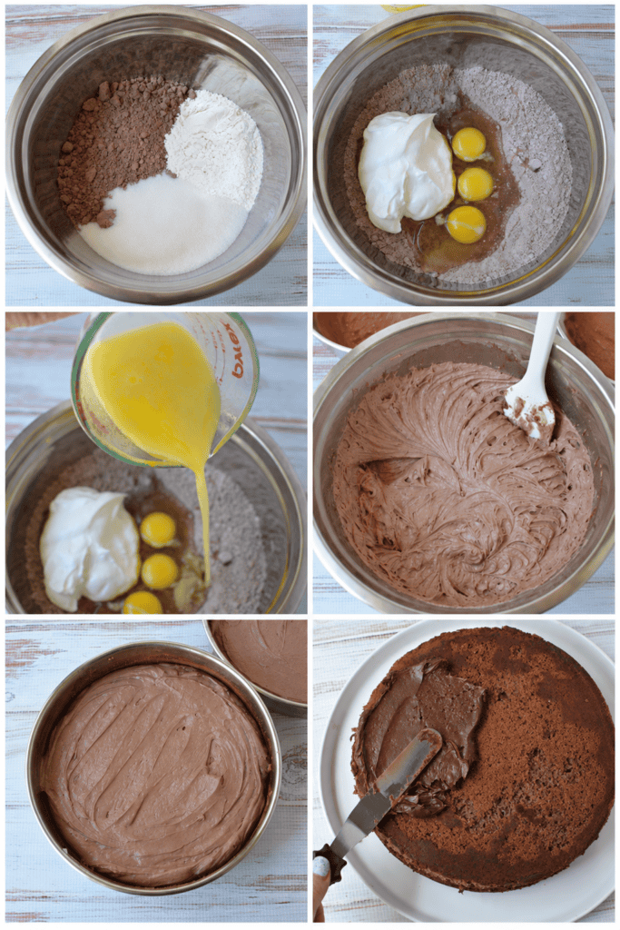 A step-by-step collage shows ingredients being mixed and combined to make a rich Chocolate Thanksgiving Cake batter, poured into a pan, baked, and then frosted with chocolate icing using a spatula.