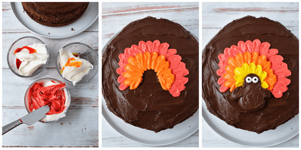 Three steps to make a delicious Chocolate Thanksgiving Cake: coloring icing, piping feather shapes onto a chocolate cake, and finishing with a decorated turkey face using icing on top.