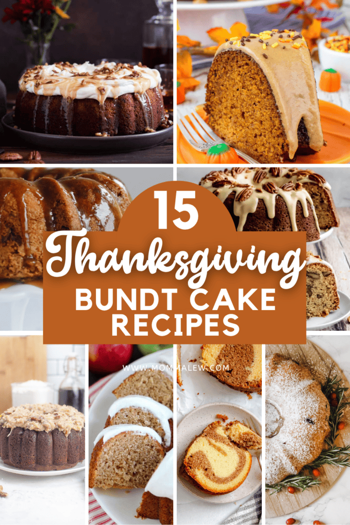 A collage of various Thanksgiving Bundt Cakes with icing and fall decorations, centered text reads 15 Thanksgiving Bundt Cake Recipes on a brown background.