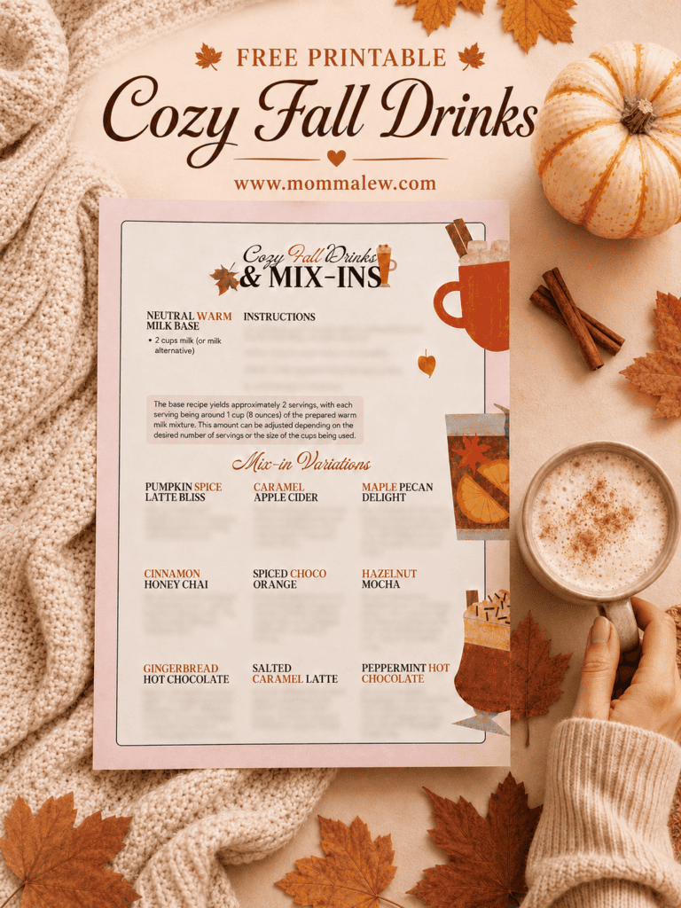 A hand holds a cozy fall drink next to a tablet displaying delicious Cozy Fall Drinks recipes. Autumn leaves, a pumpkin, and a soft beige blanket surround the scene on a warm brown surface.