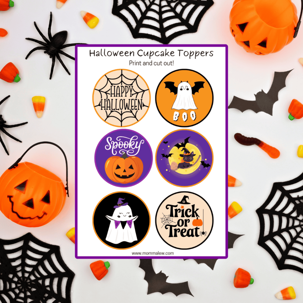 A printable sheet of six Halloween cupcake toppers featuring spooky designs like ghosts, pumpkins, bats, and Trick or Treat text, all surrounded by festive touches such as candy corn, spider webs, and jack-o-lanterns—perfect for decorating your Halloween treats with fun and flair.