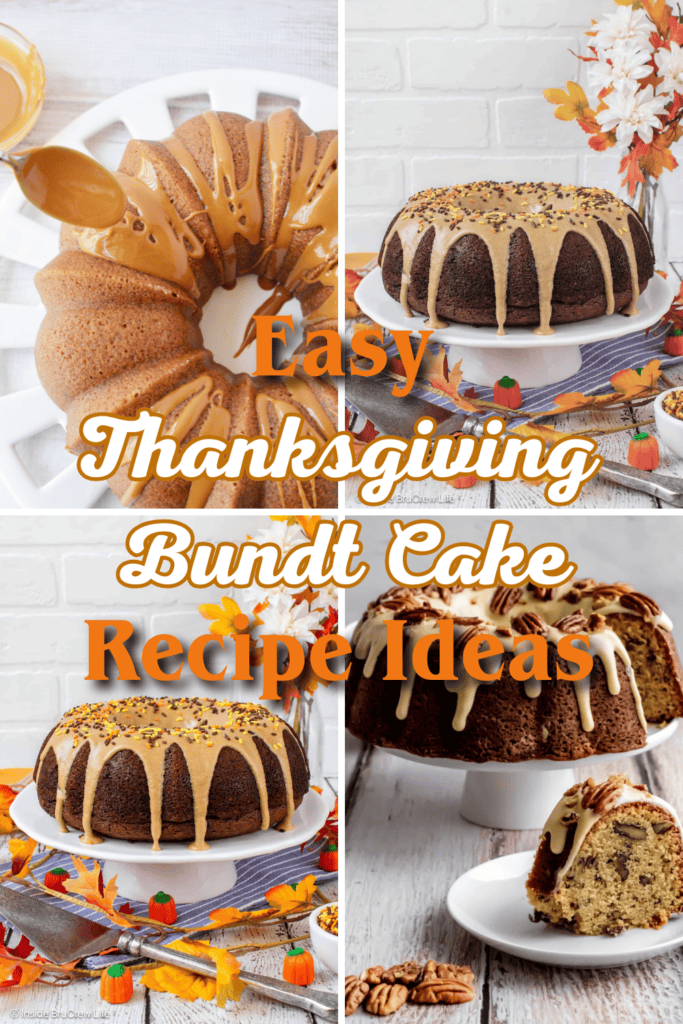 A collage of Thanksgiving Bundt Cakes, some drizzled with glaze and topped with sprinkles, set on festive autumn-themed tables with leaves and pumpkins. Text reads Easy Thanksgiving Bundt Cake Recipe Ideas.