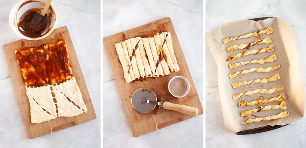 Step-by-step images: Pumpkin Pie Twists dough spread with filling, cut into strips, then twisted and arranged on a baking sheet lined with parchment paper, ready to bake.
