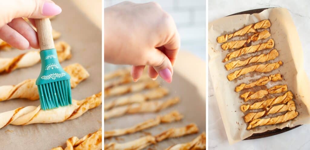 Three panels: brushing Pumpkin Pie Twists with egg wash, sprinkling seasoning by hand onto them, and a tray of baked, golden-brown Pumpkin Pie Twists on parchment paper.