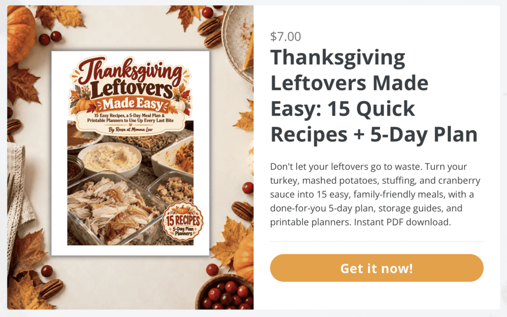 Digital product cover titled Thanksgiving Leftovers Made Easy, featuring a 5-day meal plan and 15 Thanksgiving recipes displayed on a table surrounded by autumn leaves.