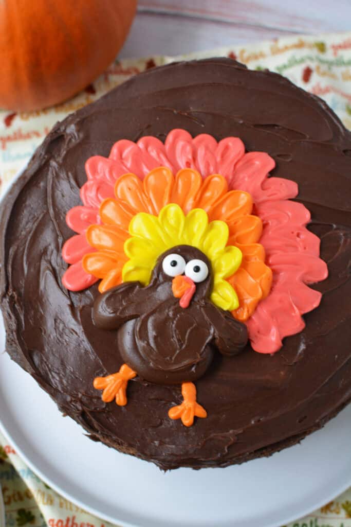 Chocolate Thanksgiving Cake decorated with a turkey made of colored icing; the turkey has orange, yellow, and red feathers and white candy eyes. A pumpkin is partially visible in the background.