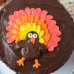 A Chocolate Thanksgiving Cake frosted with rich chocolate icing is decorated with a turkey made of colorful icing, featuring red, orange, and yellow feathers, and big eyes. The cake sits on a white plate against a festive Thanksgiving-themed background.