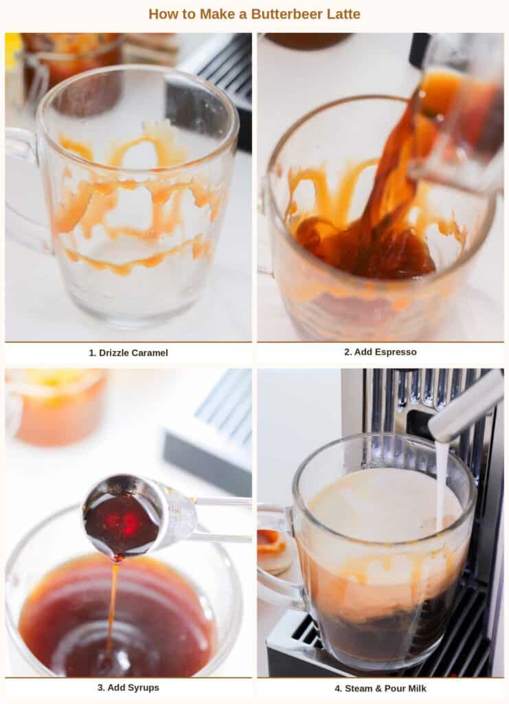 Four-step collage: 1) Caramel drizzled inside a mug, 2) Espresso pouring in, 3) Syrup being added, 4) Milk steamed and added to finish a delicious Butterbeer latte—just like the viral Butterbeer Starbucks Recipe.
