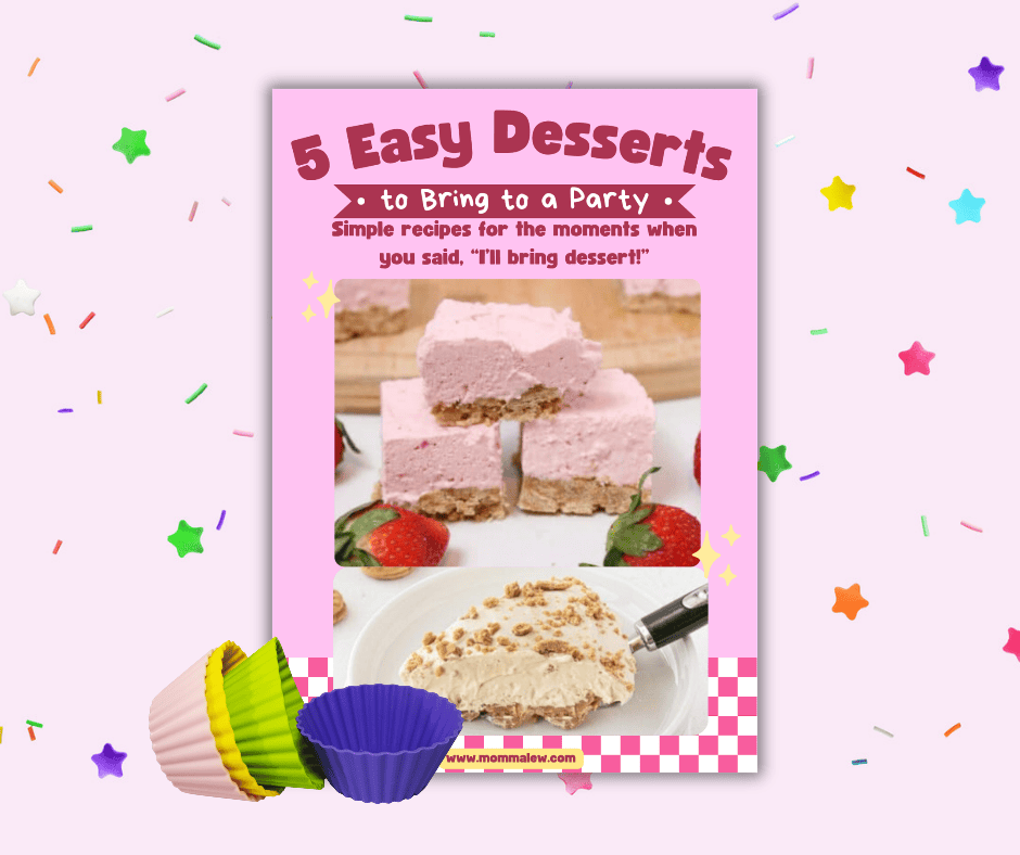 A party-themed flyer titled 5 Easy Desserts to Bring to a Party features dessert bars, strawberries, and colorful silicone cupcake liners on a confetti background.