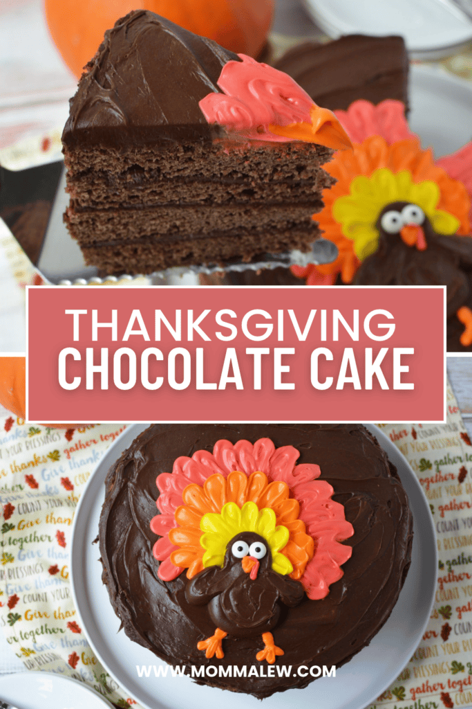A Chocolate Thanksgiving Cake with turkey decorations made of colorful icing, shown both sliced and whole on plates. Text reads Thanksgiving Chocolate Cake with the website www.mommalew.com.