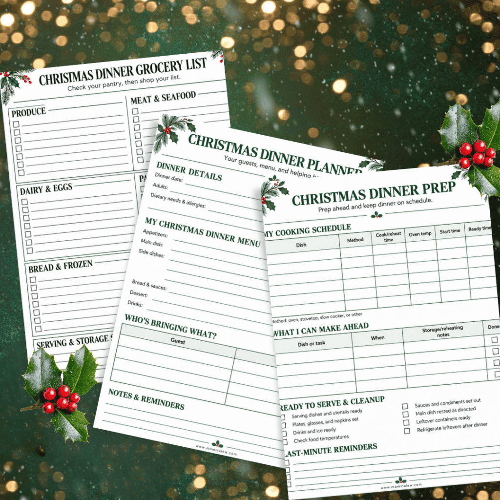 Three printed Christmas dinner checklist sheets featuring a grocery list, menu planner, and prep schedule, decorated with holly berries and leaves.