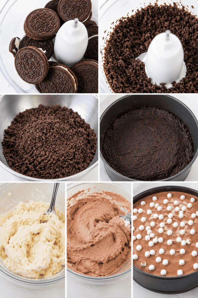 A six-panel collage showing the process of making a hot cocoa cheesecake: whole chocolate sandwich cookies in a food processor, processed into crumbs, moved to a bowl, pressed into a pan, and mixing the cream filling and topping.