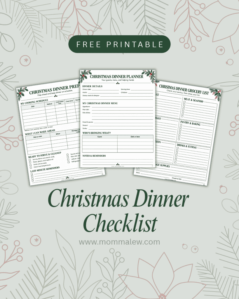 Three printable Christmas dinner planning sheets, including a cooking schedule, menu planner, and Christmas dinner checklist.