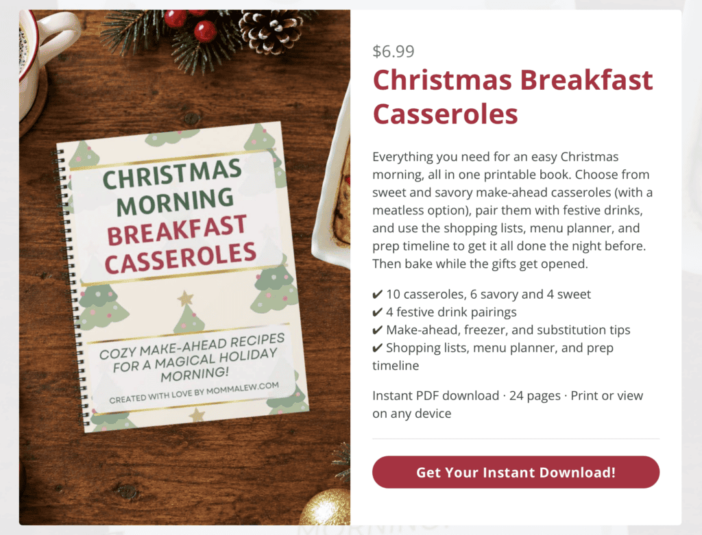 A digital download product titled Christmas Morning Breakfast Casseroles, featuring a spiral-bound recipe book with Christmas recipes, product details, and a Get Your Instant Download! button.